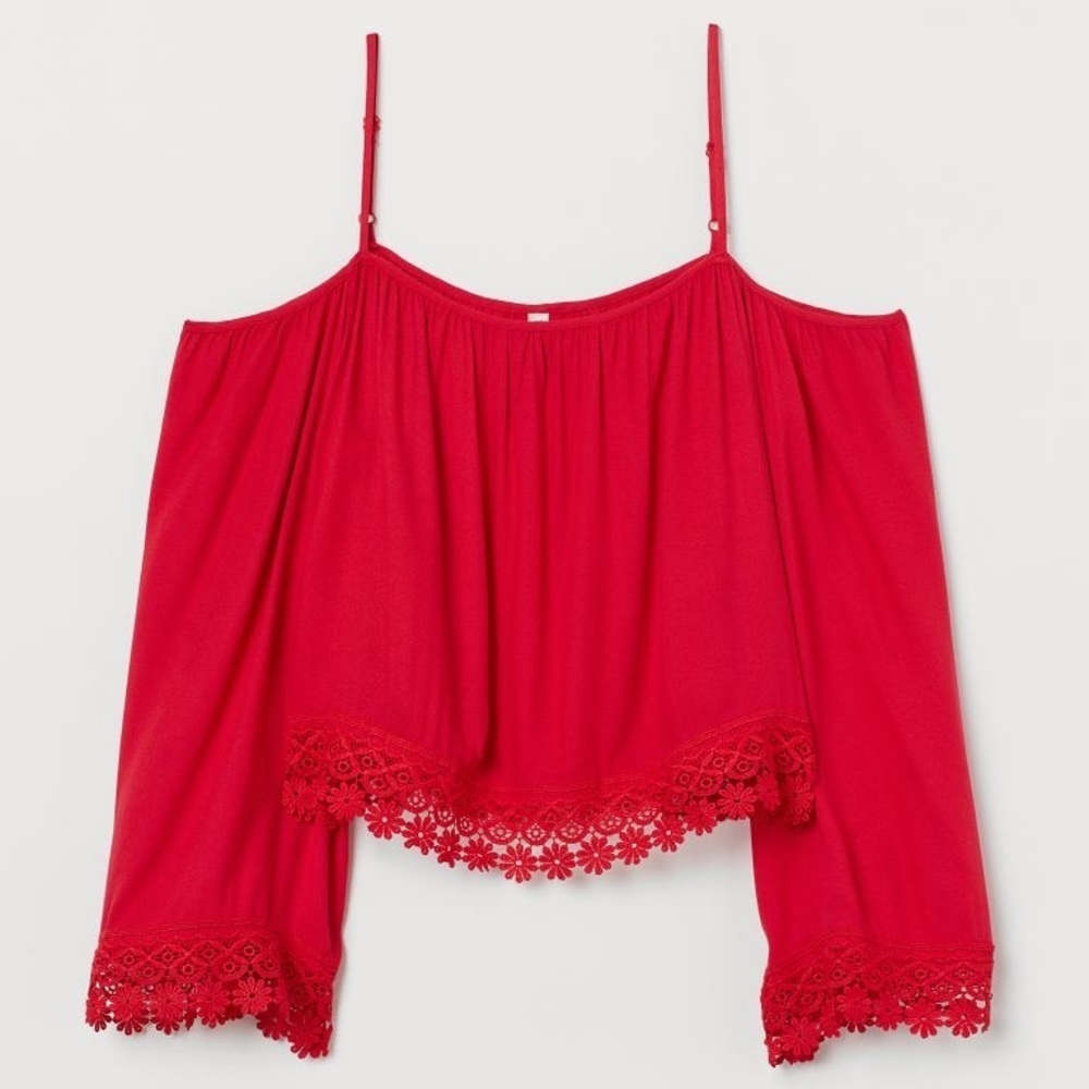 H&M Off-the-shoulder Peasant Blouse Viscose  Lace Trim Bright Red Medium